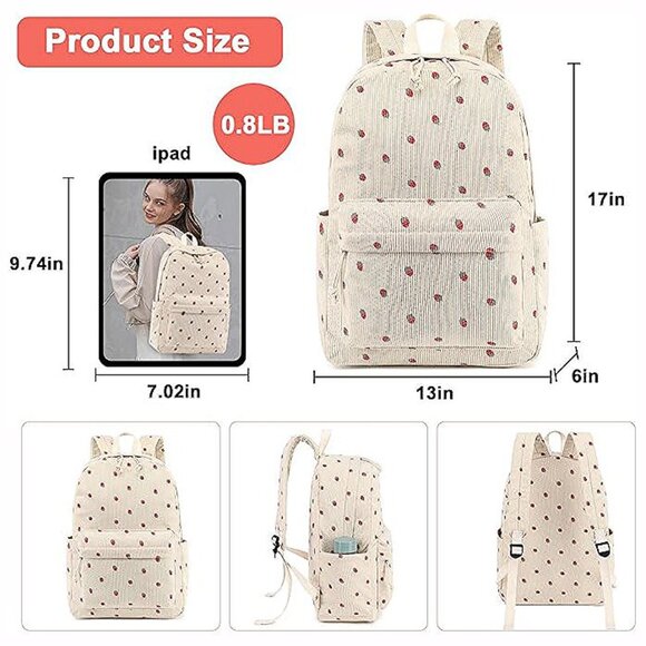 Large Corduroy Bookbag Lightweight 17 inch-Beige-strawberry 2pc - Picture 4 of 7